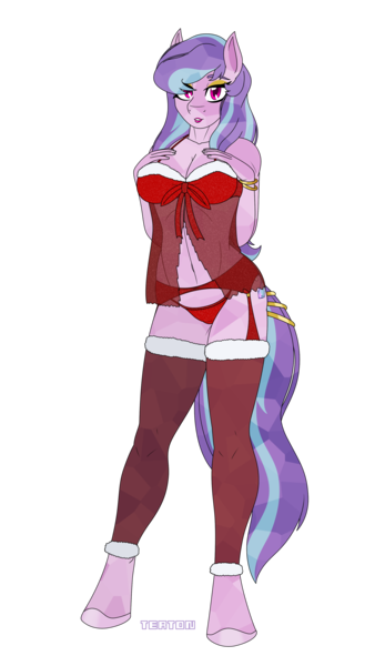 Size: 2200x3800 | Tagged: anthro, anthro oc, artist:tertonda, babydoll, breasts, christmas, clothes, crystal pony, derpibooru import, digital art, female, hearth's warming eve, holiday, lingerie, mare, nightgown, oc, oc:succulent scent, panties, red underwear, simple background, solo, solo female, suggestive, transparent background, underwear, unguligrade anthro, unofficial characters only