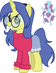 Size: 786x1017 | Tagged: safe, artist:duskthebatpack, derpibooru import, oc, oc:logical leap, unofficial characters only, pony, unicorn, clothes, commission, cutie mark, female, glasses, hairband, mare, simple background, skirt, solo, sweater, transparent background