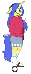 Size: 392x933 | Tagged: safe, artist:redxbacon, derpibooru import, oc, oc:logical leap, unofficial characters only, anthro, plantigrade anthro, pony, unicorn, anthro oc, clothes, commission, cute, female, glasses, hairband, mare, miniskirt, sandals, shy, shy smile, simple background, skirt, smiling, socks, socks with sandals, solo, sweater, white background