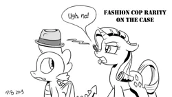Size: 1200x675 | Tagged: safe, artist:pony-berserker, derpibooru import, rarity, spike, dragon, pony, unicorn, black and white, duo, fashion police, female, grayscale, hat, male, mare, monochrome, pony-berserker's twitter sketches, signature, simple background, sketch, stippling, tongue out, trilby, white background