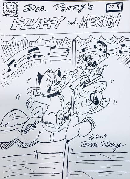 Size: 762x1048 | Tagged: safe, artist:debmervin, derpibooru import, oc, oc:fluffy the cat, oc:mervin mouse, oc:turtle chaser, earth pony, pony, carousel, comic, comic book cover, monochrome, music notes, traditional art, webcomic