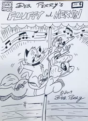 Size: 762x1048 | Tagged: safe, artist:debmervin, derpibooru import, oc, oc:fluffy the cat, oc:mervin mouse, oc:turtle chaser, earth pony, pony, carousel, comic, comic book cover, monochrome, music notes, traditional art, webcomic