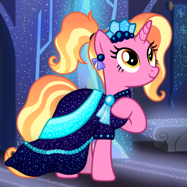 Size: 1000x1000 | Tagged: safe, artist:cloudyglow, artist:katya, derpibooru import, edit, luster dawn, pony, clothes, dress, future, gala, gala dress, shine, solo