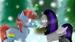 Size: 4000x2250 | Tagged: safe, artist:joechillers, derpibooru import, oc, oc:gutiu serenade, oc:luna farrowe, bat pony, pony, unicorn, commission, duo, holiday, holly, holly mistaken for mistletoe, ych result