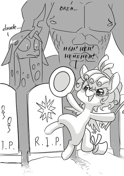 Size: 2480x3508 | Tagged: abs, artist:underpable, bad end, bare chest, black and white, bruh, cane, centaur, changeling, changeling queen, cozy glow, cutie mark, dancing, dancing over grave, derpibooru import, even evil has standards, evil grin, female, filly, former queen chrysalis, future, grave, grave dancing, gravestone, grayscale, grin, happy, hat, implied death, implied fluttershy, implied pinkie pie, implied twilight sparkle, lord tirek, monochrome, pegasus, pure concentrated unfiltered evil of the utmost potency, pure unfiltered evil, queen chrysalis, safe, shocked, smiling, tombstones