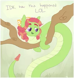 Size: 827x873 | Tagged: safe, artist:tilling-tan, derpibooru import, tree hugger, lamia, monster pony, original species, implied transformation, lamiafied, monster mare, rattle, species swap, text, tree branch