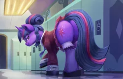 Size: 2500x1623 | Tagged: safe, alternate version, artist:tsitra360, derpibooru import, sci-twi, twilight sparkle, ponified, pony, unicorn, equestria girls, alternate hairstyle, butt, caught, clothes, crystal prep academy uniform, equestria girls ponified, female, glasses, lockers, mare, pleated skirt, plot, school uniform, skirt, socks, solo, technically an upskirt shot, twibutt, unicorn sci-twi