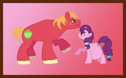 Size: 1027x639 | Tagged: safe, artist:catross, derpibooru import, big macintosh, sugar belle, earth pony, pony, unicorn, belly, big belly, blushing, female, freckles, looking at each other, male, mare, missing accessory, pregnant, raised hoof, shipping, size difference, smiling, stallion, straight, sugarmac