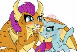 Size: 1280x865 | Tagged: artist:artisticcupcakezz, blushing, changedling, changeling, derpibooru import, deviantart watermark, dragon, female, grin, lesbian, obtrusive watermark, ocellus, piercing, safe, shipping, smiling, smolcellus, smolder, watermark