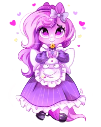 Size: 800x1005 | Tagged: apron, artist:ipun, bell, bell collar, bow, clothes, collar, cute, derpibooru import, deviantart watermark, dress, female, hair bow, heart, looking at you, maid, mare, obtrusive watermark, oc, ocbetes, safe, semi-anthro, shoes, simple background, socks, solo, transparent background, unofficial characters only, watermark