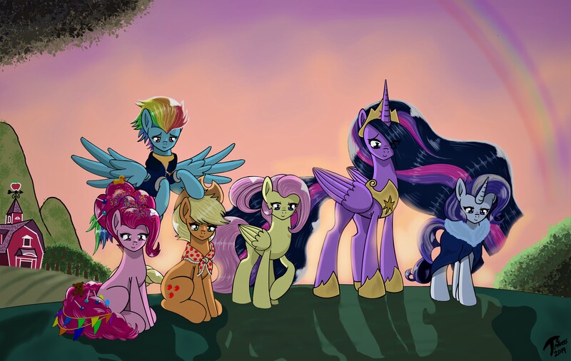 Size: 13584x8600 | Tagged: safe, artist:brekrofmadness, derpibooru import, applejack, fluttershy, pinkie pie, princess twilight 2.0, rainbow dash, rarity, twilight sparkle, twilight sparkle (alicorn), alicorn, earth pony, pegasus, pony, unicorn, the last problem, end of ponies, mane six, older, older applejack, older fluttershy, older mane six, older pinkie pie, older rainbow dash, older rarity, older twilight, rainbow, scene interpretation