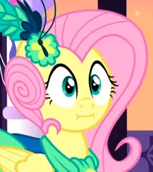 Size: 816x915 | Tagged: safe, derpibooru import, screencap, fluttershy, pegasus, pony, make new friends but keep discord, :i, clothes, cropped, dress, female, gala dress, mare, solo, we bought two cakes