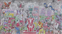 Size: 1710x954 | Tagged: safe, artist:nephilim rider, derpibooru import, oc, oc:heaven lost, oc:sparkbolt, pony, the ending of the end, city, cloud, nephilim, traditional art
