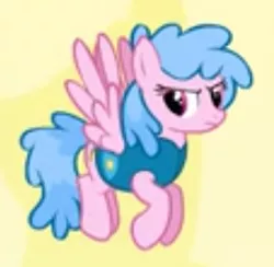 Size: 255x249 | Tagged: safe, derpibooru import, screencap, candy floss (character), pegasus, pony, winter wrap up, background pony, clothes, cropped, female, flying, frown, mare, picture for breezies, sideways glance, solo, vest, weather team, winter wrap up vest