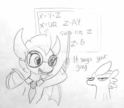 Size: 1440x1255 | Tagged: safe, artist:tjpones, derpibooru import, smolder, spike, dragon, chalkboard, clothes, dragoness, duo, female, glasses, lab coat, misspelling, monochrome, necktie, pencil drawing, pointer, spike is not amused, traditional art, unamused, ur gay