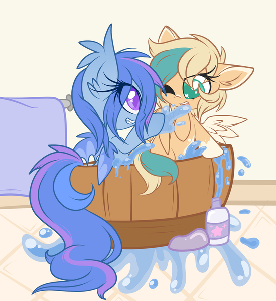 Size: 3118x3404 | Tagged: safe, artist:starlightlore, derpibooru import, oc, oc:astral flare, oc:sun light, unofficial characters only, bat pony, pegasus, pony, bath, bathtub, female, filly, splashing