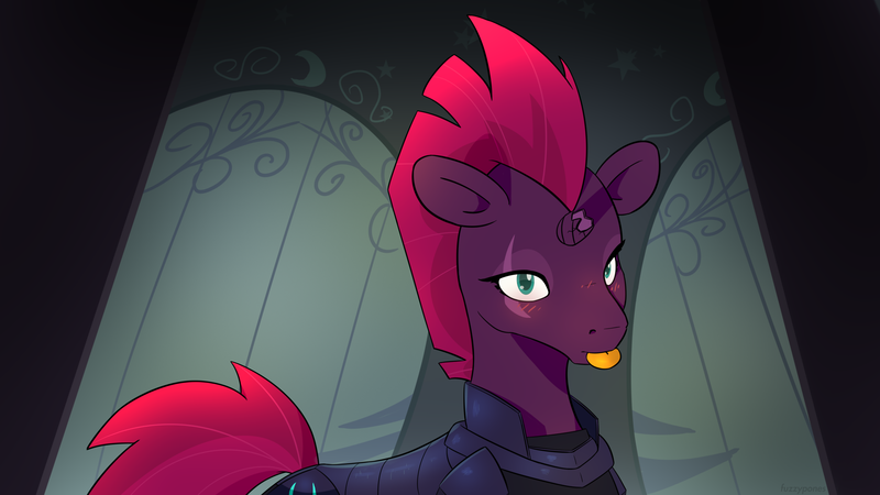 Size: 2560x1440 | Tagged: safe, artist:fuzzypones, derpibooru import, fizzlepop berrytwist, tempest shadow, pony, unicorn, :p, armor, blushing, broken horn, colored, cute, eye scar, female, horn, mare, scar, silly, solo, tempestbetes, tongue out