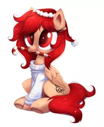 Size: 1237x1502 | Tagged: safe, artist:confetticakez, derpibooru import, part of a set, oc, oc:ginger ferrochrome, unofficial characters only, pegasus, pony, candy, candy cane, christmas, clothes, commission, cute, femboy, folded wings, food, hat, holiday, male, mouth hold, ocbetes, santa hat, simple background, sitting, solo, stallion, sweater, white background, wings, winter, ych result