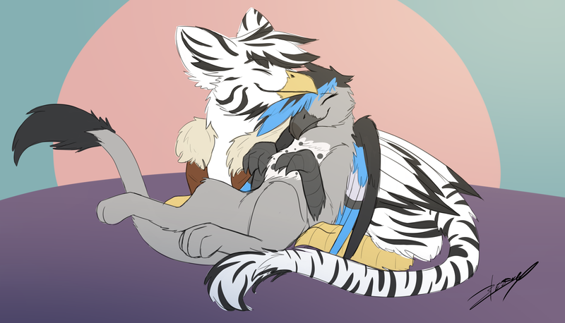 Size: 5760x3300 | Tagged: safe, artist:xeirla, derpibooru import, oc, oc:emi, oc:warren, unofficial characters only, gryphon, original species, zebra, zebragriff, beak, bomber jacket, clothes, cuddling, jacket, leonine tail, paws, talons, zerb