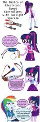 Size: 800x2390 | Tagged: artist needed, safe, derpibooru import, edit, vector edit, rainbow dash, sci-twi, twilight sparkle, equestria girls, caption, clothes, comic strip, educational, electronics, lab coat, mixed media, simple background, speech bubble, text, vector, white background