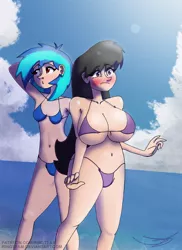 Size: 1537x2114 | Tagged: artist:ringteam, bad touch, beach, belly button, big breasts, bikini, bikini top, blushing, breasts, busty octavia, clothes, delicious flat chest, derpibooru import, female, huge breasts, human, humanized, implied lesbian, octavia melody, personal space invasion, shipping, suggestive, swimsuit, vinyl flat, vinyl scratch