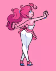 Size: 558x712 | Tagged: suggestive, artist:drantyno, derpibooru import, pinkie pie, equestria girls, alternate hairstyle, armpits, ass, balloonbutt, bare shoulders, bracelet, butt, clothes, female, jewelry, legs, looking at you, looking back, looking back at you, miniskirt, open mouth, pantyhose, pink background, ponytail, profile, rear view, sandals, sexy, simple background, skirt, skirt lift, solo, thighs, tights