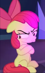 Size: 588x940 | Tagged: safe, derpibooru import, screencap, apple bloom, earth pony, pony, growing up is hard to do, angry, bow, cropped, crossed hooves, faic, female, filly, floppy ears, hair bow, narrowed eyes, pouting, sitting, solo