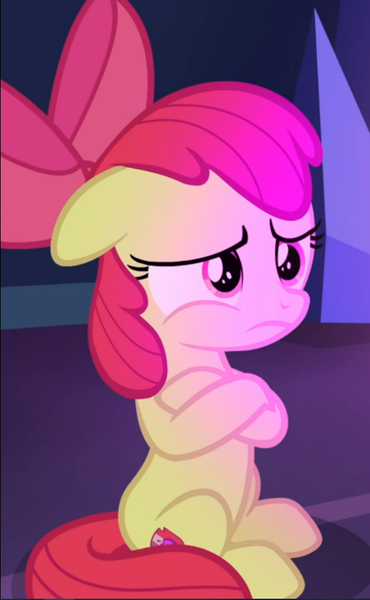 Size: 579x939 | Tagged: safe, derpibooru import, screencap, apple bloom, earth pony, pony, growing up is hard to do, bow, cropped, crossed hooves, female, filly, floppy ears, frown, hair bow, sad, sitting, solo