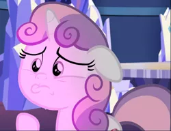 Size: 1225x939 | Tagged: safe, derpibooru import, screencap, sweetie belle, pony, unicorn, growing up is hard to do, cropped, female, filly, floppy ears, pouting, raised hoof, solo