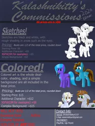 Size: 1200x1600 | Tagged: safe, artist:kalashnikitty, derpibooru import, oc, oc:canvas, oc:flugel, oc:littlepip, oc:memeancholy, oc:nootaz, oc:odd inks, oc:optical illusion, unofficial characters only, earth pony, pegasus, pony, unicorn, fallout equestria, fanfic, advertisement, commission info, fanfic art, female, floppy ears, hooves, horn, male, mare, open mouth, stallion, tongue out