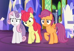 Size: 886x612 | Tagged: safe, derpibooru import, screencap, apple bloom, scootaloo, sweetie belle, earth pony, pegasus, pony, unicorn, growing up is hard to do, confused, cropped, cutie mark, cutie mark crusaders, female, friendship throne, mare, older, older apple bloom, older cmc, older scootaloo, older sweetie belle, raised hoof, the cmc's cutie marks, trio