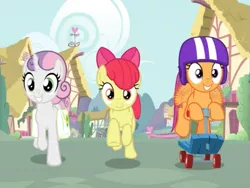 Size: 695x522 | Tagged: safe, derpibooru import, screencap, apple bloom, scootaloo, sweetie belle, earth pony, pegasus, pony, unicorn, growing up is hard to do, bag, cropped, cutie mark crusaders, female, galloping, helmet, mare, older, older apple bloom, older cmc, older scootaloo, older sweetie belle, saddle bag, scooter, smiling, trio