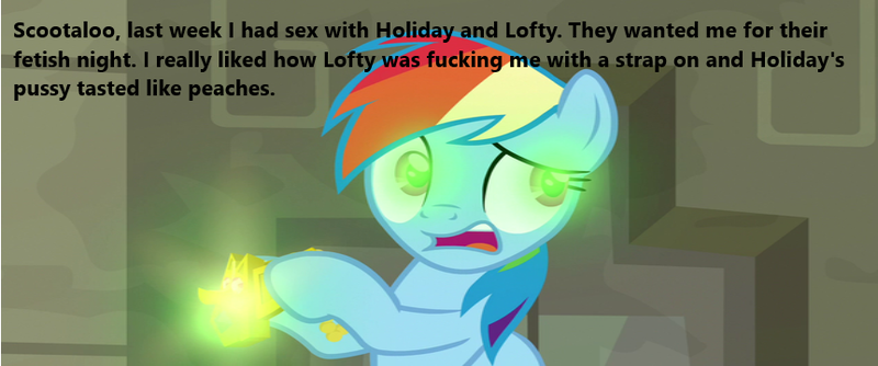 Size: 862x360 | Tagged: suggestive, derpibooru import, edit, edited screencap, screencap, rainbow dash, pegasus, pony, daring doubt, female, glowing eyes, implied aunt holiday, implied auntie lofty, implied lesbian, implied scootaloo, implied sex, mare, meme, truth talisman, wrong aspect ratio