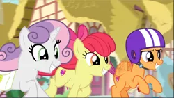 Size: 1669x941 | Tagged: safe, derpibooru import, screencap, apple bloom, scootaloo, sweetie belle, earth pony, pegasus, pony, unicorn, growing up is hard to do, bag, cropped, cutie mark crusaders, female, galloping, happy, helmet, mare, older, older apple bloom, older cmc, older scootaloo, older sweetie belle, saddle bag, scooter, smiling, trio