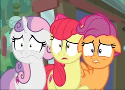 Size: 1176x852 | Tagged: safe, derpibooru import, screencap, apple bloom, scootaloo, sweetie belle, earth pony, pegasus, pony, unicorn, growing up is hard to do, bow, cropped, cutie mark crusaders, female, floppy ears, hair bow, mare, older, older apple bloom, older cmc, older scootaloo, older sweetie belle, open mouth, scared, shrunken pupils, trio, wavy mouth