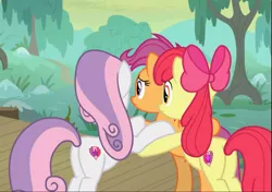 Size: 1009x712 | Tagged: safe, derpibooru import, screencap, apple bloom, scootaloo, sweetie belle, earth pony, pegasus, pony, unicorn, growing up is hard to do, bipedal, bow, butt, cropped, cutie mark crusaders, female, hair bow, huddle, mare, older, older apple bloom, older cmc, older scootaloo, older sweetie belle, plot, rear view, trio