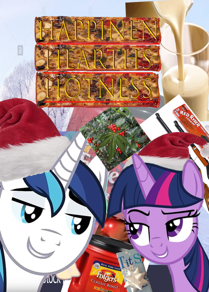 Size: 2000x2800 | Tagged: suggestive, derpibooru import, edit, shining armor, twilight sparkle, twilight sparkle (alicorn), alicorn, pony, bedroom eyes, christmas, coffee, drugs, eggnog, fruitcake, gun, hat, holiday, holly, holly mistaken for mistletoe, marijuana, santa hat, shutterstock, snow, weapon