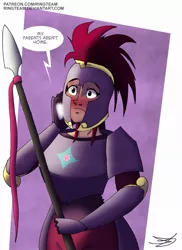 Size: 1537x2114 | Tagged: armor, artist:ringteam, blushing, call, derpibooru import, female, human, humanized, implied lesbian, implied sex, implied shipping, implied tempestlight, implied twilight sparkle, mobile phone, phone, royal guard, safe, solo, spear, tempest becomes a royal guard, tempest shadow, weapon