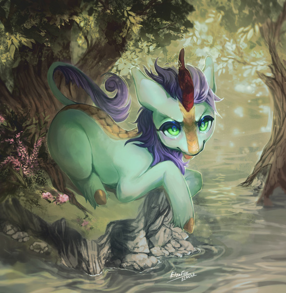 Size: 1398x1432 | Tagged: artist:elzafox, derpibooru import, forest, kirin, male, oc, oc:searing cold, safe, side, solo, tree, unofficial characters only, water