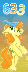 Size: 633x1633 | Tagged: safe, artist:rainbow eevee, derpibooru import, carrot top, golden harvest, earth pony, pony, :p, bipedal, colored pupils, cutie mark, female, gradient background, looking at you, number, numbers, snapback, solo, tongue out