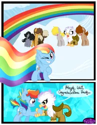 Size: 3500x4500 | Tagged: safe, artist:becauseimpink, derpibooru import, dumbbell, gilda, hoops, quarterback, rainbow dash, gryphon, pegasus, pony, comic:transition, cloud, colt, comic, dialogue, dumb belle, female, filly, filly rainbow dash, flying, grin, guilder, handshake, male, on a cloud, one eye closed, rainbow trail, raised hoof, rule 63, smiling, surprised, transgender, wink, younger