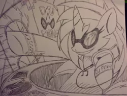 Size: 1280x960 | Tagged: safe, artist:petanoprime, derpibooru import, vinyl scratch, pony, unicorn, bracelet, female, grin, irl, jewelry, lineart, mare, necklace, photo, smiling, solo, sunglasses, traditional art, turntable