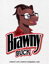 Size: 2550x3300 | Tagged: safe, alternate version, artist:samoht-lion, derpibooru import, oc, oc:brawny buck, unofficial characters only, earth pony, pony, bust, clothes, earth pony oc, glasses, male, open mouth, smiling, solo, stallion