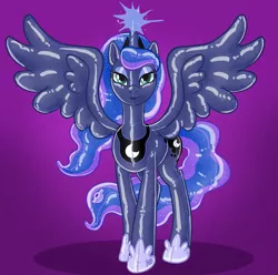 Size: 1045x1035 | Tagged: safe, artist:hornbuckle, derpibooru import, princess luna, alicorn, inflatable pony, original species, pony, rubber pony, air nozzle, glowing horn, horn, imminent transformation, inflatable, latex, looking at you, rubber, smiling, solo, valve