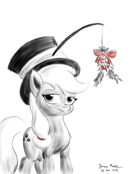 Size: 1100x1400 | Tagged: safe, artist:rockhoppr3, derpibooru import, applejack, pony, hat, holly, holly mistaken for mistletoe, monochrome, neo noir, partial color, solo, top hat