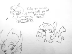 Size: 1827x1375 | Tagged: safe, artist:tjpones, derpibooru import, princess celestia, smolder, twilight sparkle, alicorn, dragon, pony, unicorn, all the way through, anatomically incorrect, black and white, carrot, dialogue, female, food, grayscale, literal, mare, monochrome, simple background, traditional art, twiggie, wat, white background, who needs organs?