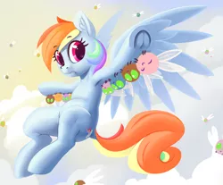 Size: 3624x3000 | Tagged: safe, artist:dimfann, derpibooru import, rainbow dash, parasprite, pegasus, pony, semi-anthro, series:pony re-watch, swarm of the century, armpits, cloud, creeped out, cutie mark, dock, female, holding a pony, le lenny face, looking at you, mare, solo, spread wings, uncomfortable, underhoof, uwu, wings