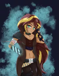 Size: 763x976 | Tagged: safe, artist:midnight-note, derpibooru import, sunset shimmer, cyborg, human, equestria girls, abstract background, belly button, clothes, cybernetic eyes, cyberpunk, humanized, midriff, solo, trenchcoat