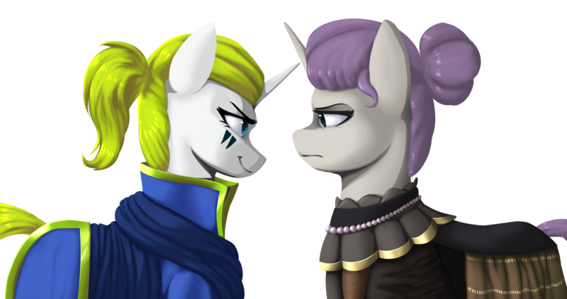 Size: 1231x649 | Tagged: safe, artist:printik, derpibooru import, oc, oc:honoria, oc:white star, unofficial characters only, pony, unicorn, equestria at war mod, clothes, confrontation, dress, duo, face paint, female, frown, looking at each other, mare, narrowed eyes, profile, queen, sidemouth, simple background, smiling, smirk, transparent background