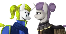 Size: 1231x649 | Tagged: safe, artist:printik, derpibooru import, oc, oc:honoria, oc:white star, unofficial characters only, pony, unicorn, equestria at war mod, clothes, confrontation, dress, duo, face paint, female, frown, looking at each other, mare, narrowed eyes, profile, queen, sidemouth, simple background, smiling, smirk, transparent background